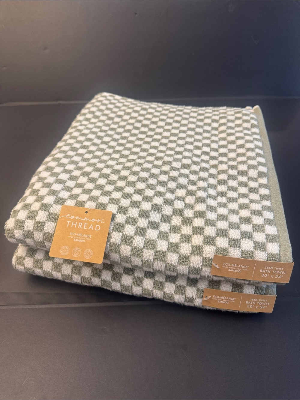 2pc COMMON THREAD Eco-Melange Bamboo Checkered Bath Towel Set - Green/White